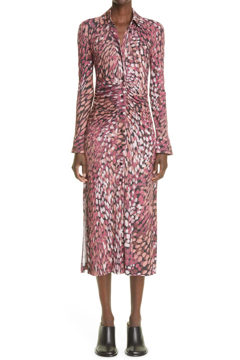 Claudia Dot Print Button Front Midi Dress, Main, color, MERLOT MULTI DOT