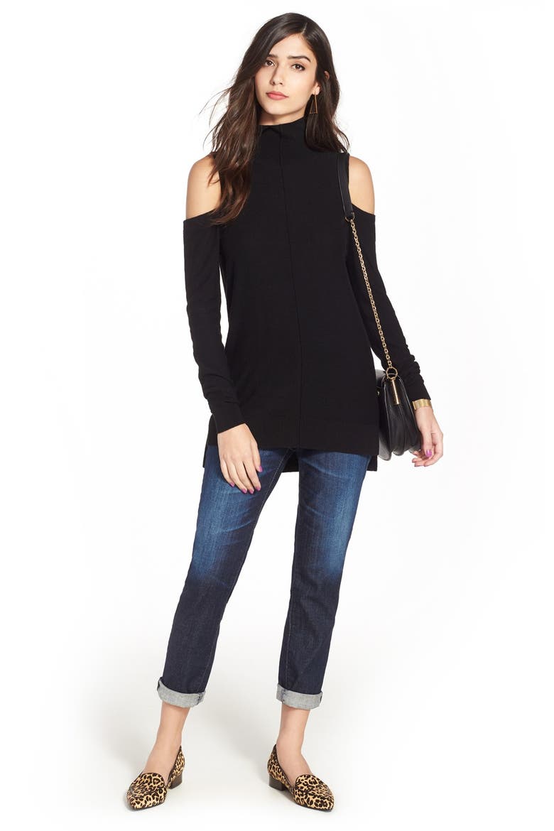 Funnel Neck Cold Shoulder Sweater, Alternate, color, BLACK
