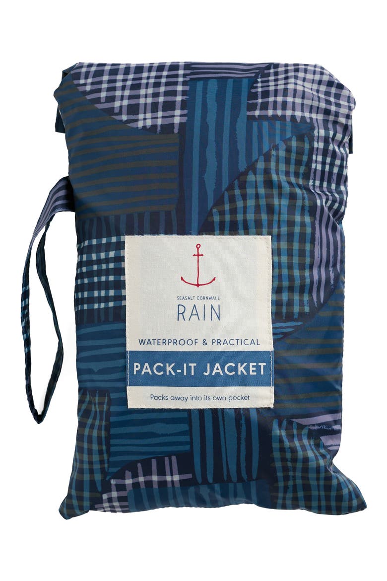 Packable Waterproof Hooded Raincoat, Alternate, color, INKED PATCHWORK MARITIME