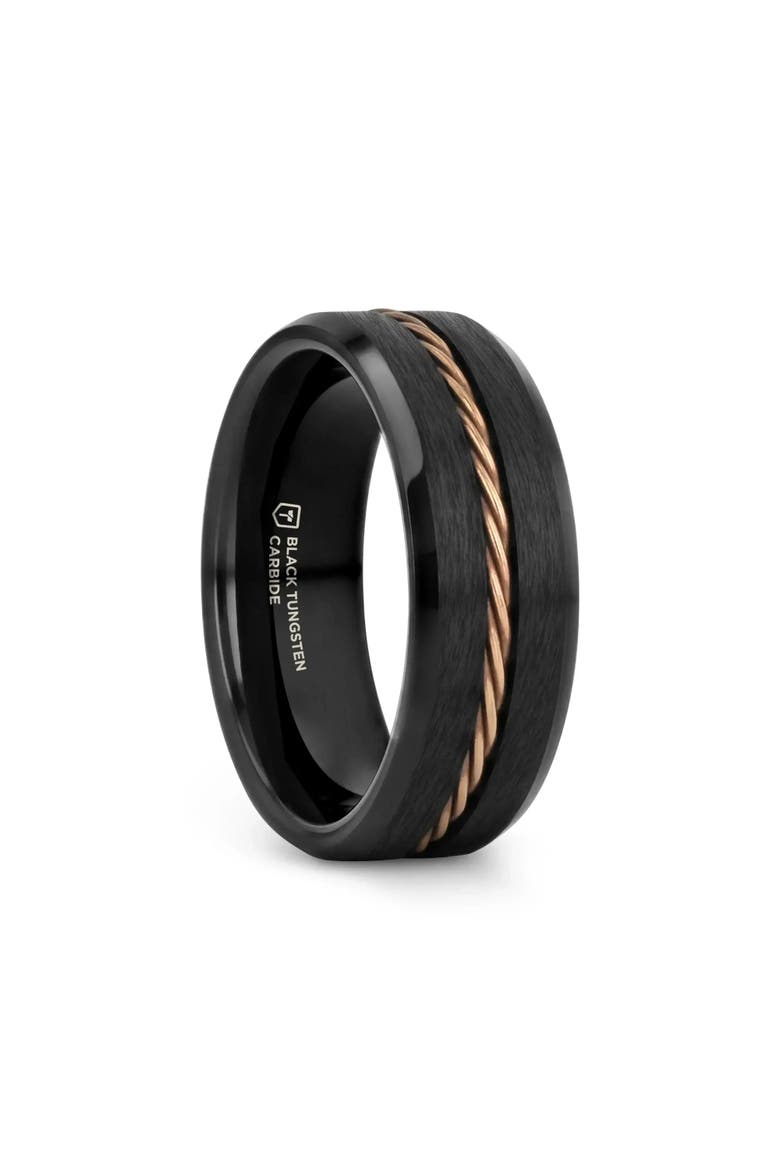 ADELARD Braided Cable Tungsten Wedding Band Brushed Center with Polished Beveled Edges, Main, color, Black / Rose Gold 8mm