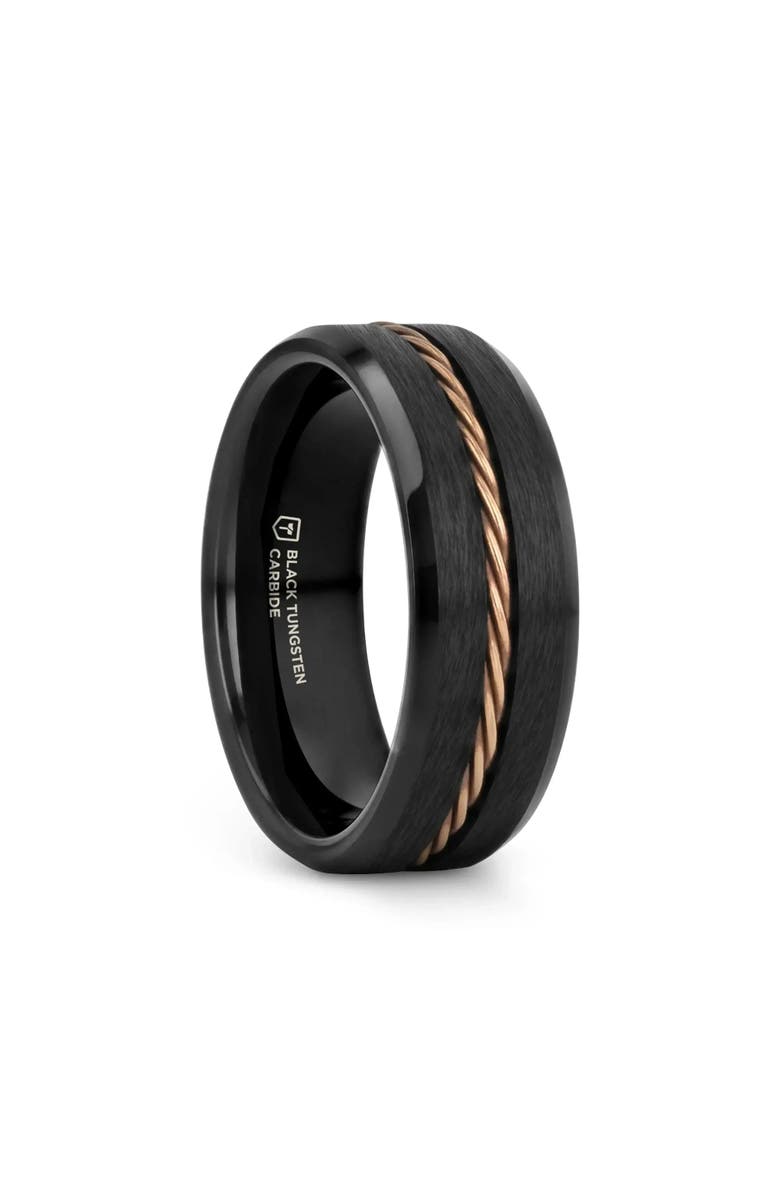 Larson Jewelers ADELARD Braided Cable Tungsten Wedding Band Brushed Center with Polished Beveled Edges, Main, color, Black / Rose Gold 8Mm