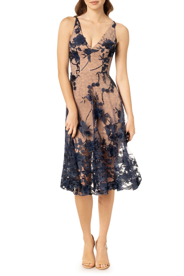 Audrey Embroidered Fit & Flare Dress, Main, color, NAVY