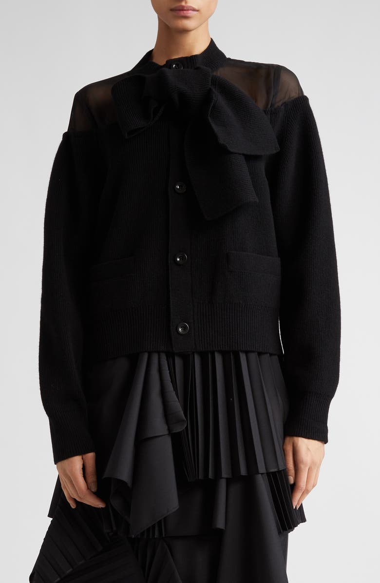 Sacai Wool Blend & Chiffon Cardigan, Main, color, 