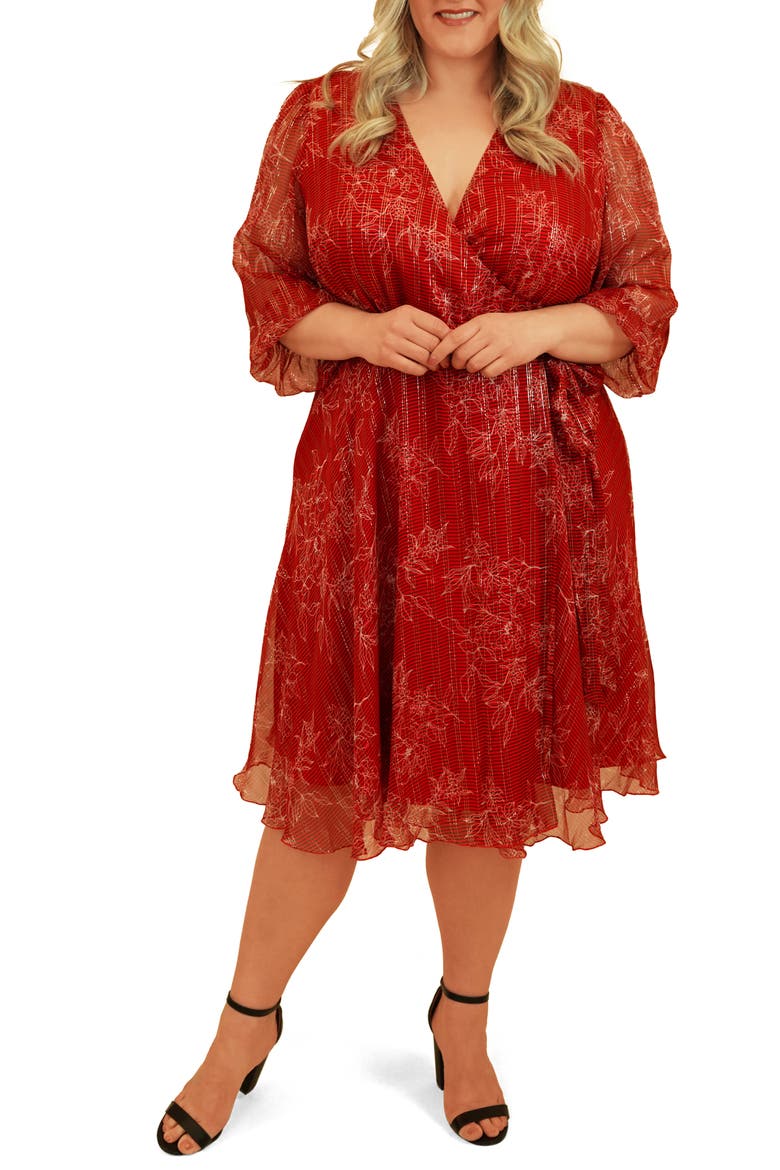 Silk & Metallic Wrap Dress, Main, color, RED