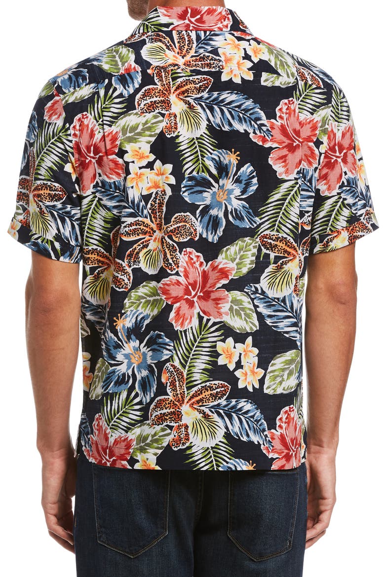 Slim Fit Floral Short Sleeve Button-Up Camp Shirt, Alternate, color, DARK SAPPHIRE