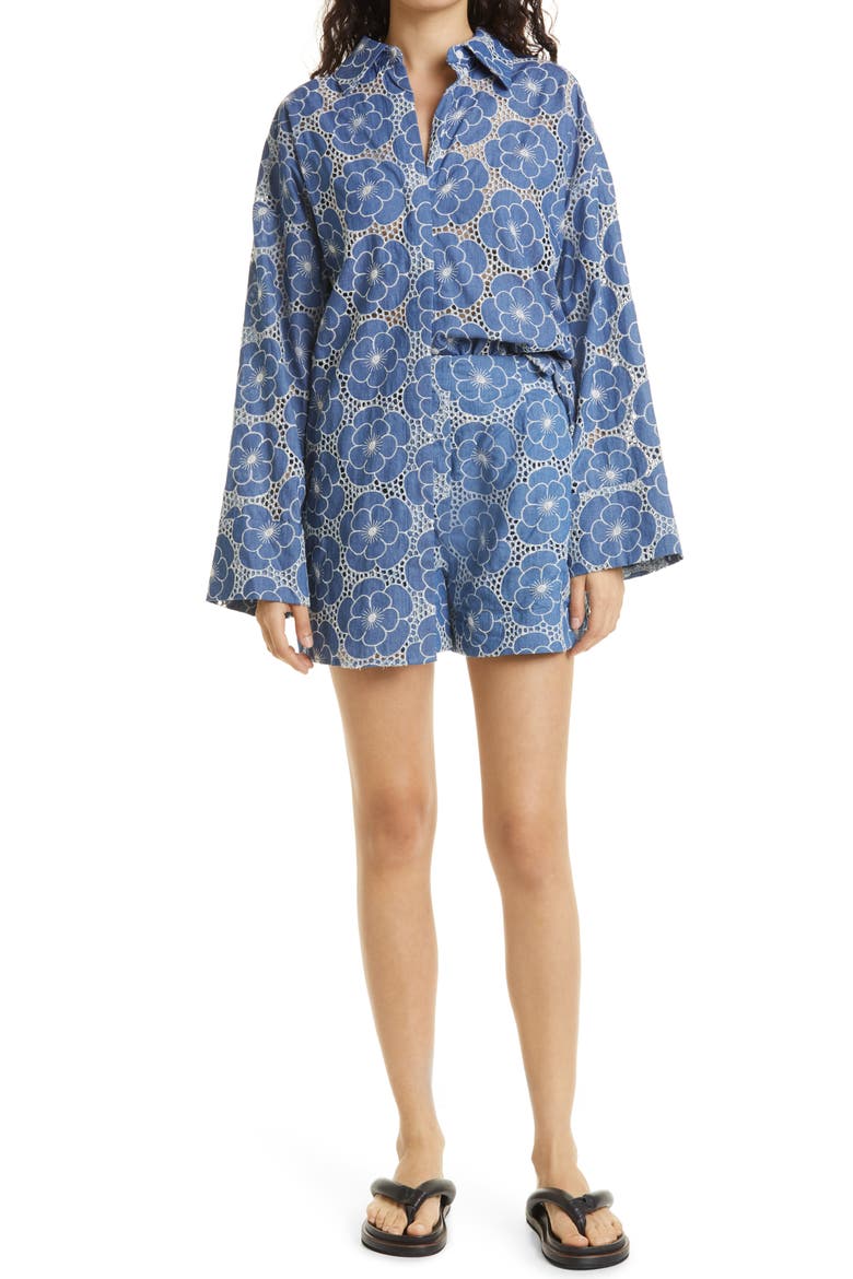 Jimea Floral Eyelet Cotton Chambray Shorts, Alternate, color, BLUE FLOWER