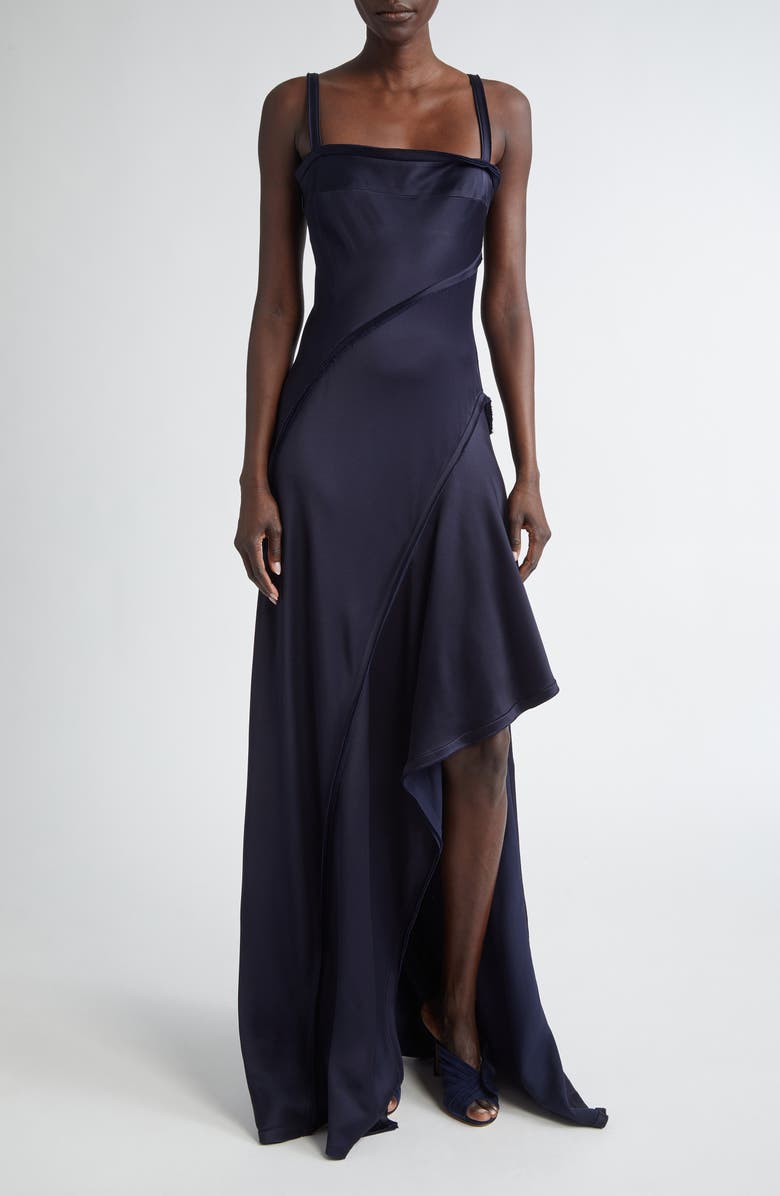Jason Wu Collection Bias Cut Crepe Back Satin Gown, Main, color, Navy