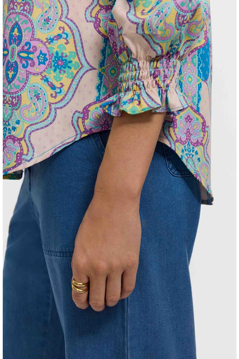 Olivia Paisley Smocked Cuff Linen Blend Button-Up Shirt, Alternate, color, PURPLE/ MULTI