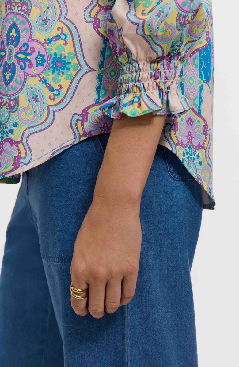 Foxcroft Olivia Paisley Smocked Cuff Linen Blend Button-Up Shirt, Alternate, color, Purple/ Multi