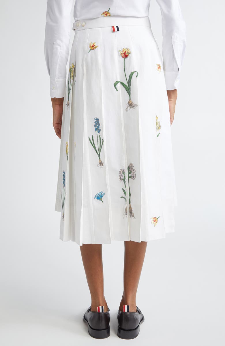 Thom Browne Botanical Embroidered Pleated Cotton & Linen Midi Skirt, Alternate, color, White
