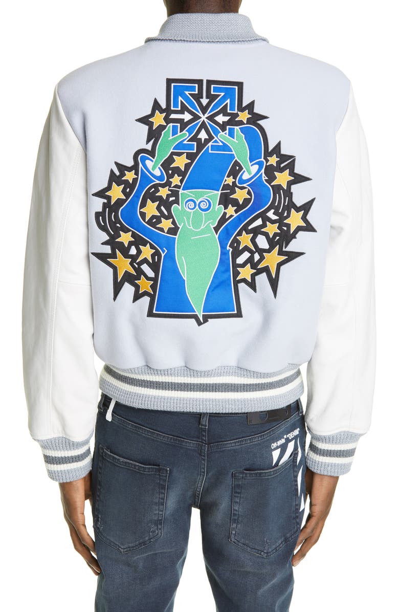 Off-White Logo Leather Sleeve Wool Blend Varsity Jacket, Alternate, color, 
