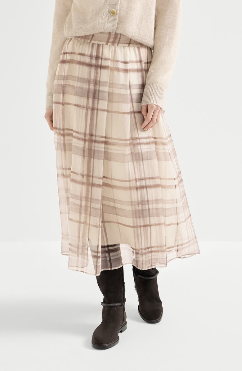 Brunello Cucinelli Macrocheck print pleated skirt, Main, color, White