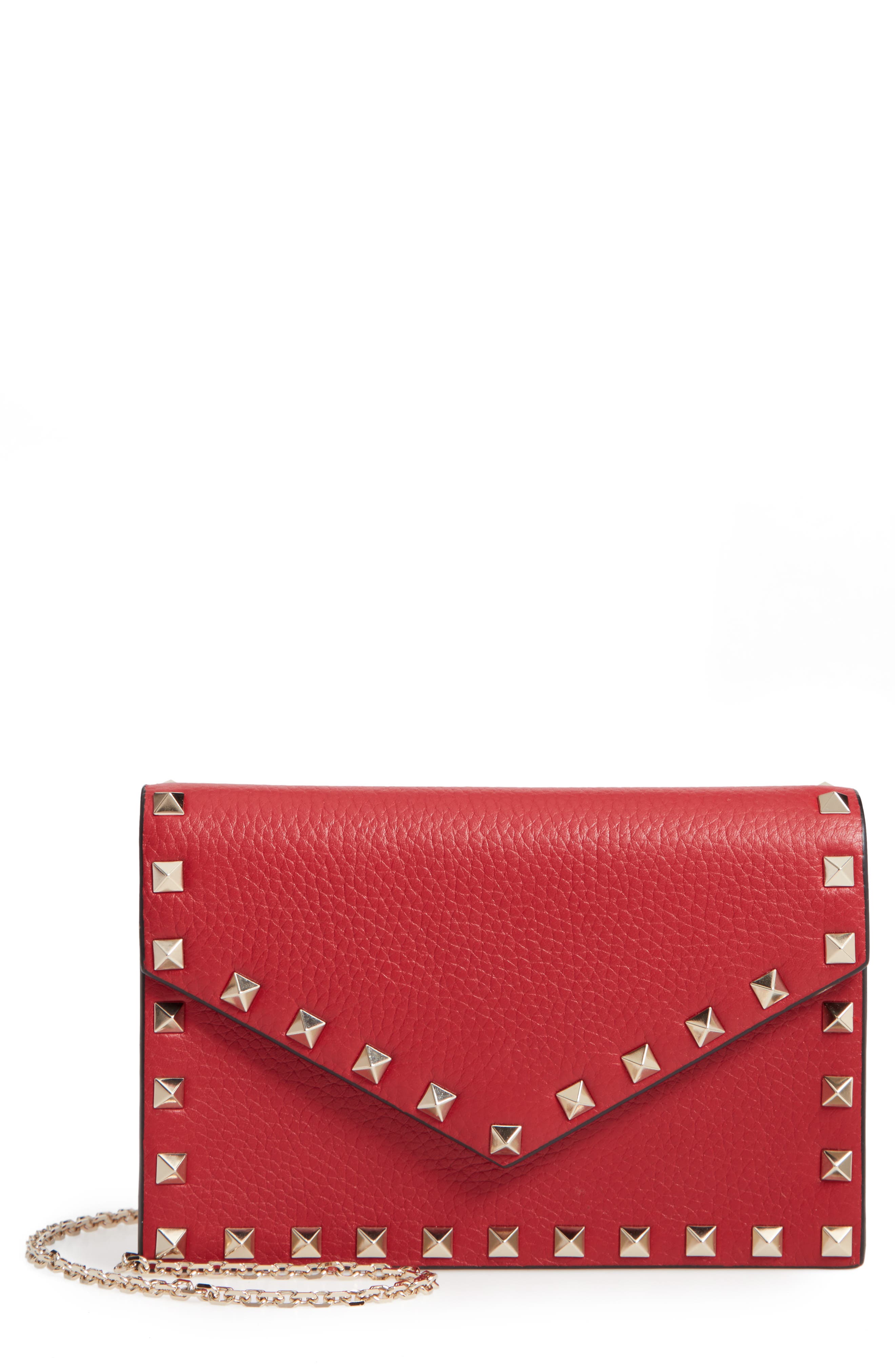 Rockstud Calfskin Leather Envelope Pouch, Main, color, ROSSO V