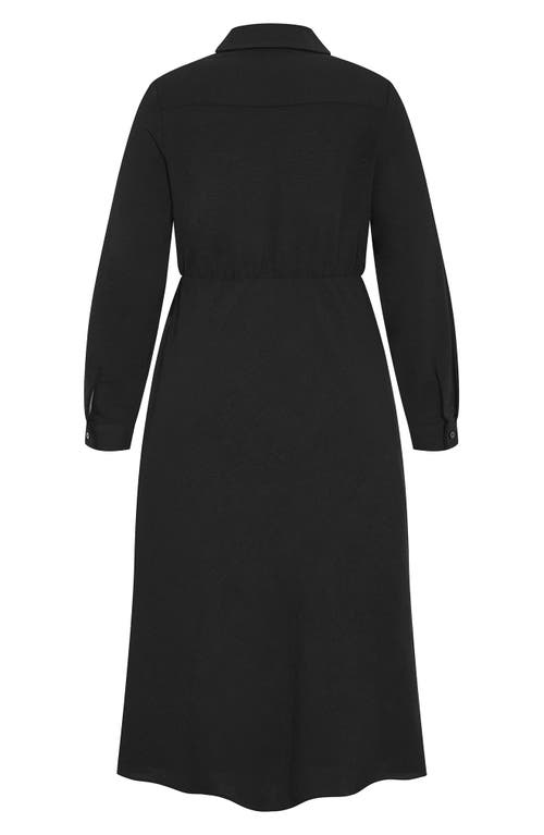 City Chic Chancery Lane Tie Waist Long Sleeve Midi Shirtdress In Black