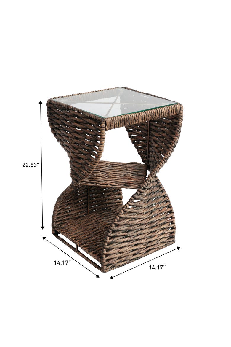 Suraya Bohemian Woven Swirl Square End Table with Glass Top, Open Storage Shelf, Hourglass Accent Side Table, Alternate, color, Brown