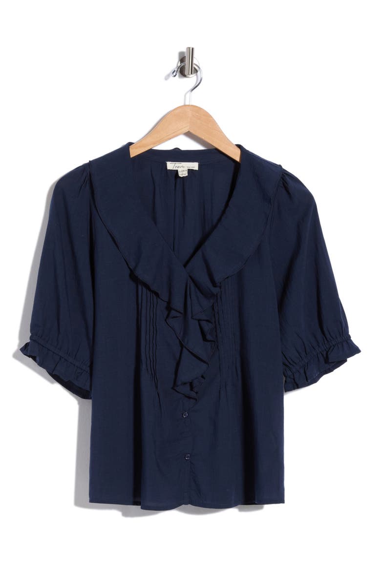 Romantic Ruffle Button-Up Shirt, Alternate, color, NAVY