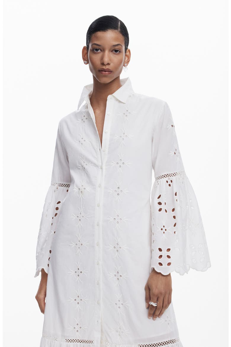 Eyelet Embroidery Long Sleeve Cotton Dress, Alternate, color, WHITE
