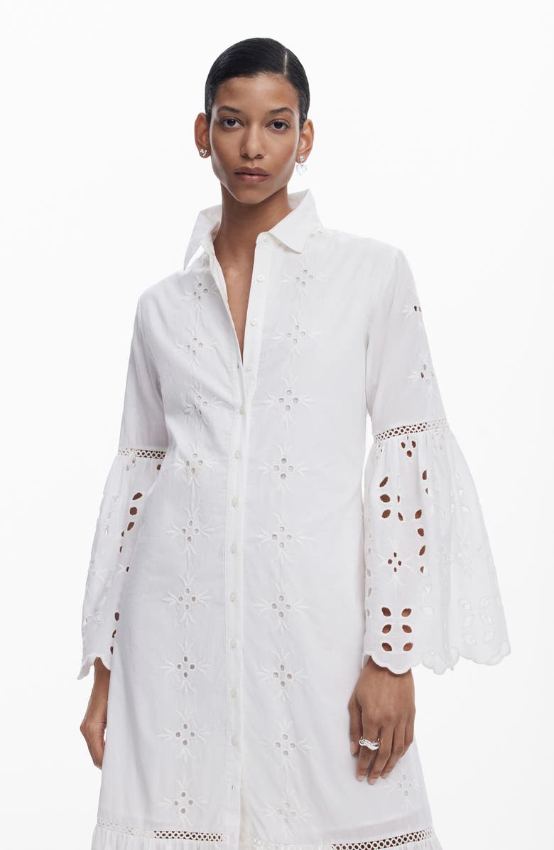 Desigual Eyelet Embroidery Long Sleeve Cotton Dress, Alternate, color, 