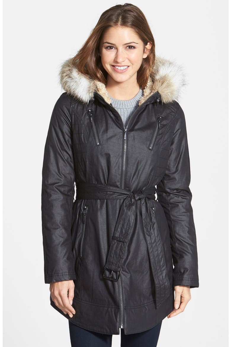 Faux Fur Trim Belted Parka, Main, color, BLACK