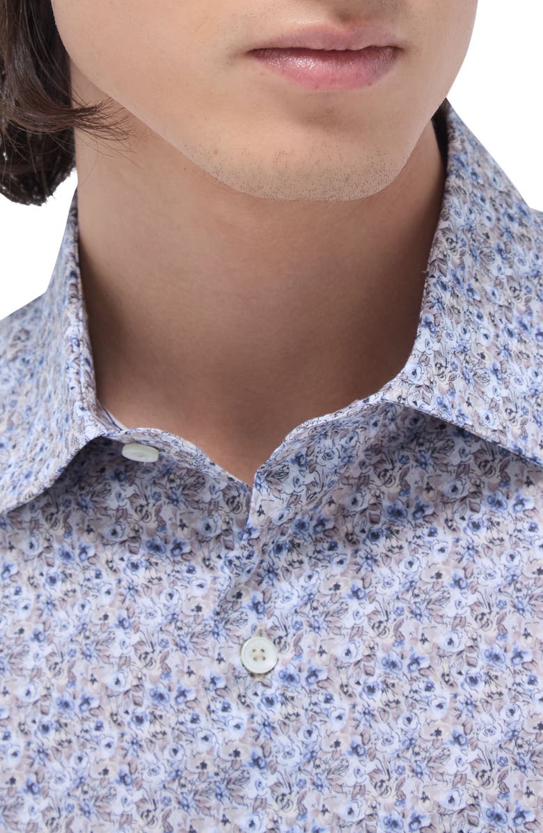 Bugatchi Axel Abstract Floral Shaped Fit Stretch Cotton Button-Up Shirt, Alternate, color, Almond