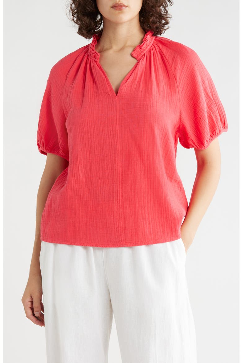Split Neck Puff Sleeve Cotton Gauze Top, Main, color, RED GERANIUM