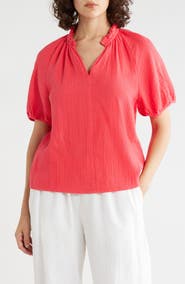 Caslon® Split Neck Puff Sleeve Cotton Gauze Top