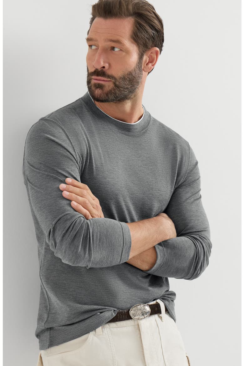 Silk and cotton lightweight jersey long sleeve crew neck T-shirt with contrast detail, Alternate, color, Off-White