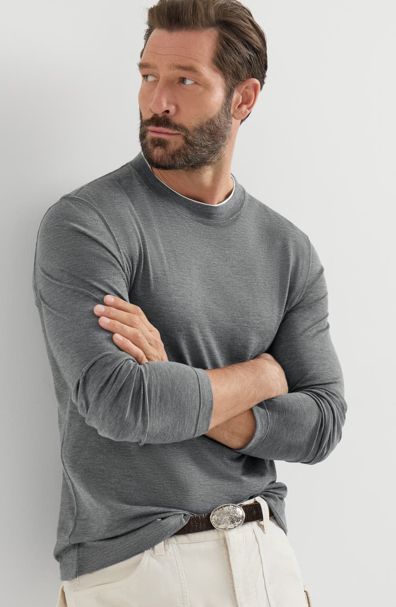 Brunello Cucinelli Silk and cotton lightweight jersey long sleeve crew neck T-shirt with contrast detail, Alternate, color, Off-White