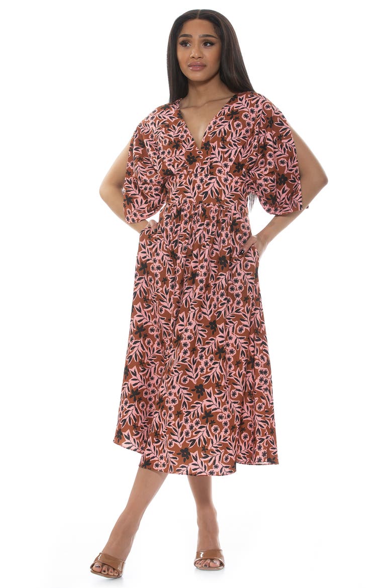 August Draped Sleeve Fit & Flare Midi Dress, Alternate, color, BROWN FLORAL