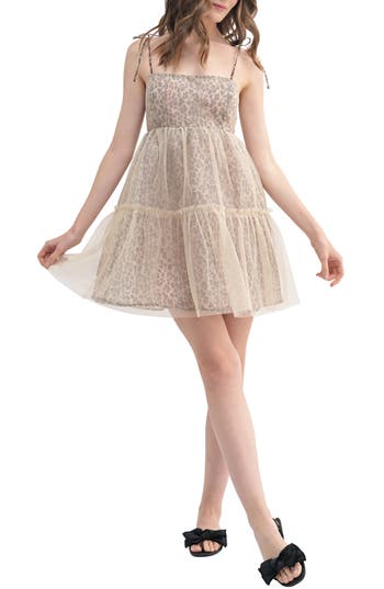 Lush Leopard Print Tie Strap Babydoll Minidress In Leopard