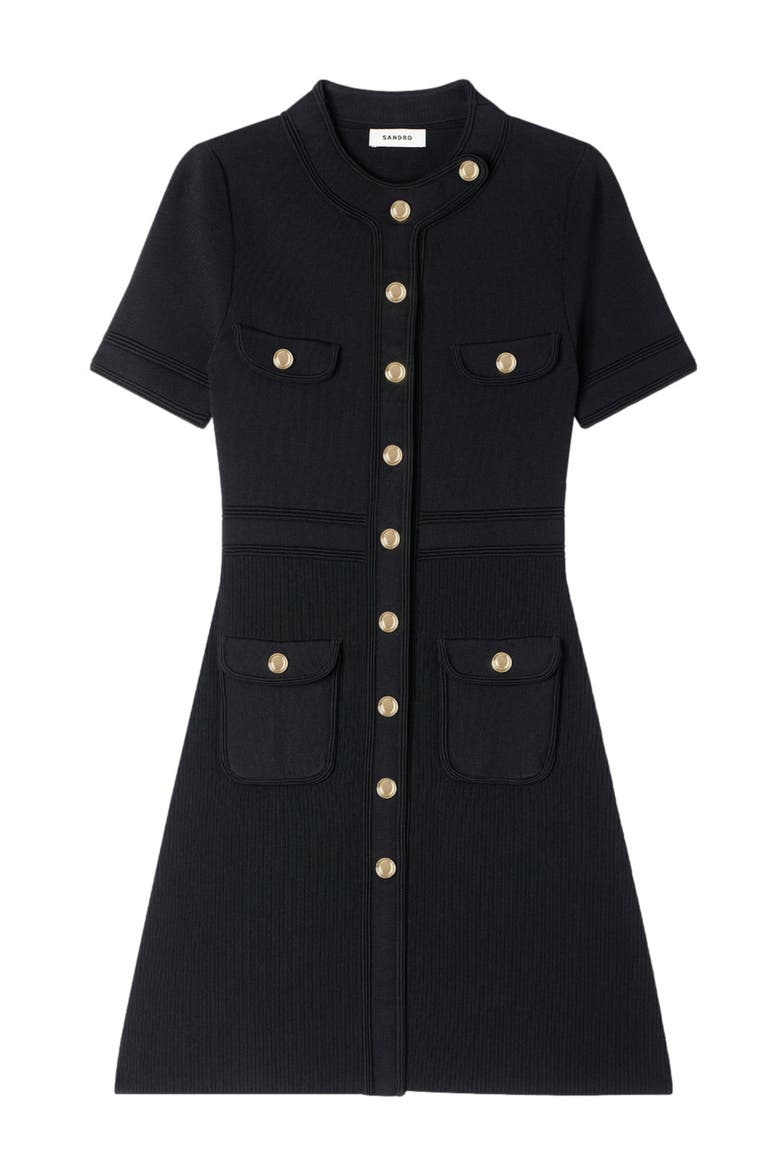 Button-up knit short dress, Alternate, color, Black