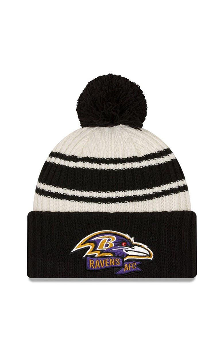 New Era Men's New Era Cream/Black Baltimore Ravens 2022 Sideline Sport Cuffed Pom Knit Hat, Main, color, 