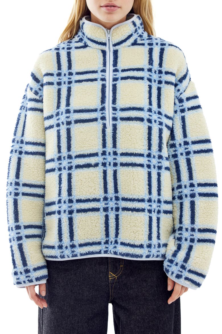 Check Print Fleece Quarter Zip, Main, color, ECRU BLUE