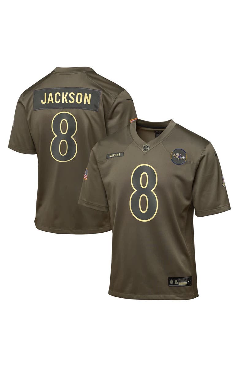 Nike Youth Nike Lamar Jackson Olive Baltimore Ravens 2025 Salute to Service Game Jersey, Main, color, Olive