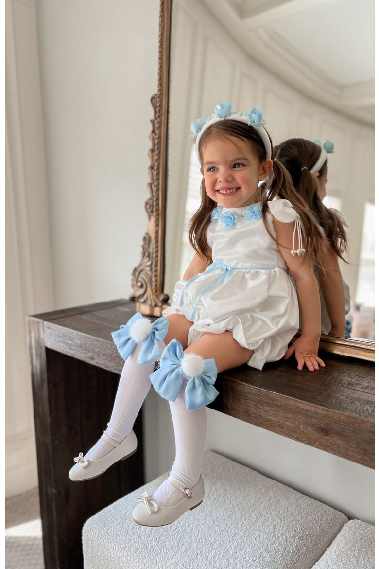 Daphne Satin Romper with Blue Embroidery, Alternate, color, White and Baby Blue