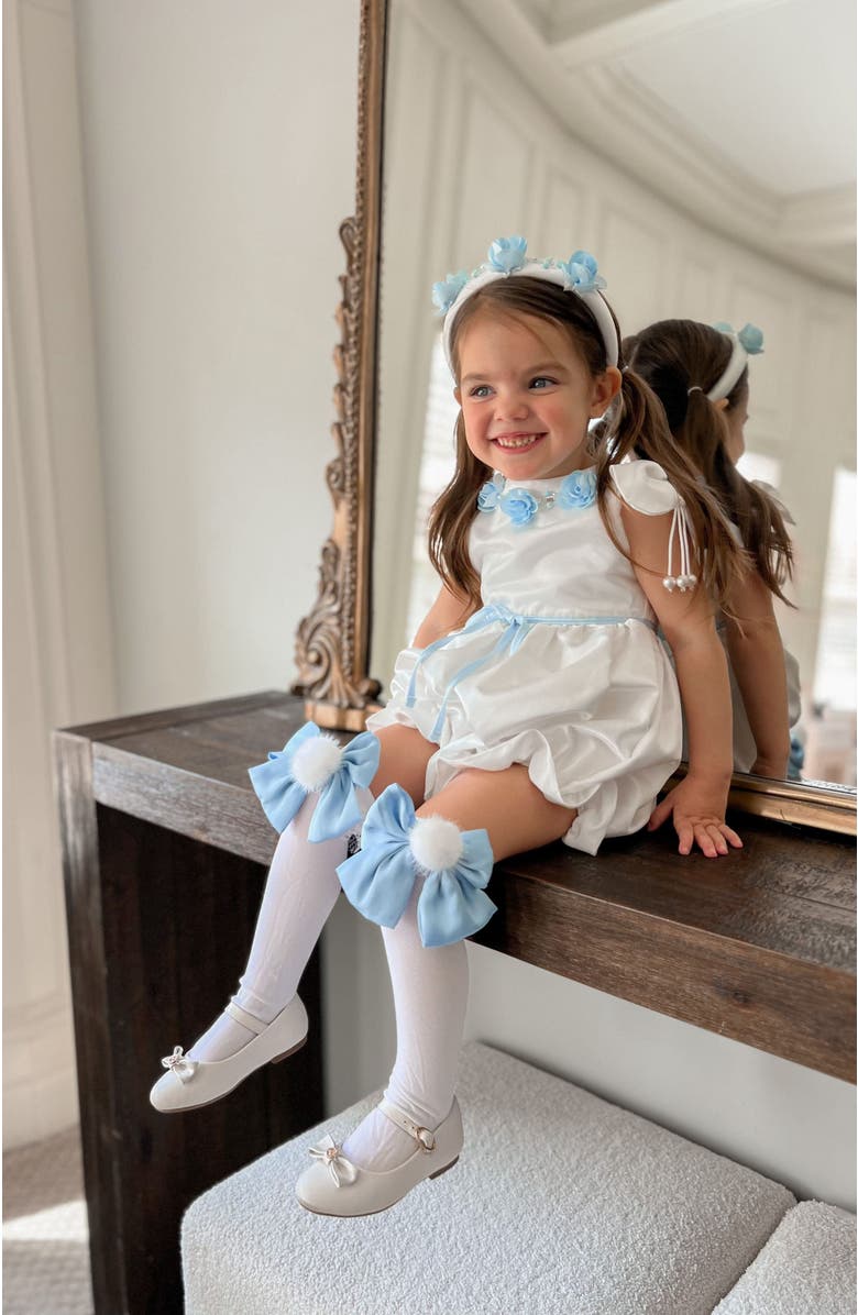 Petite Maison Kids Daphne Satin Romper with Blue Embroidery, Alternate, color, White And Baby Blue