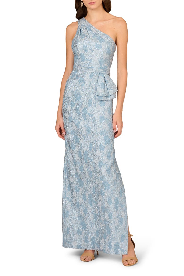 Metallic Floral Jacquard One-Shoulder Gown, Main, color, TROPEZ BLUE