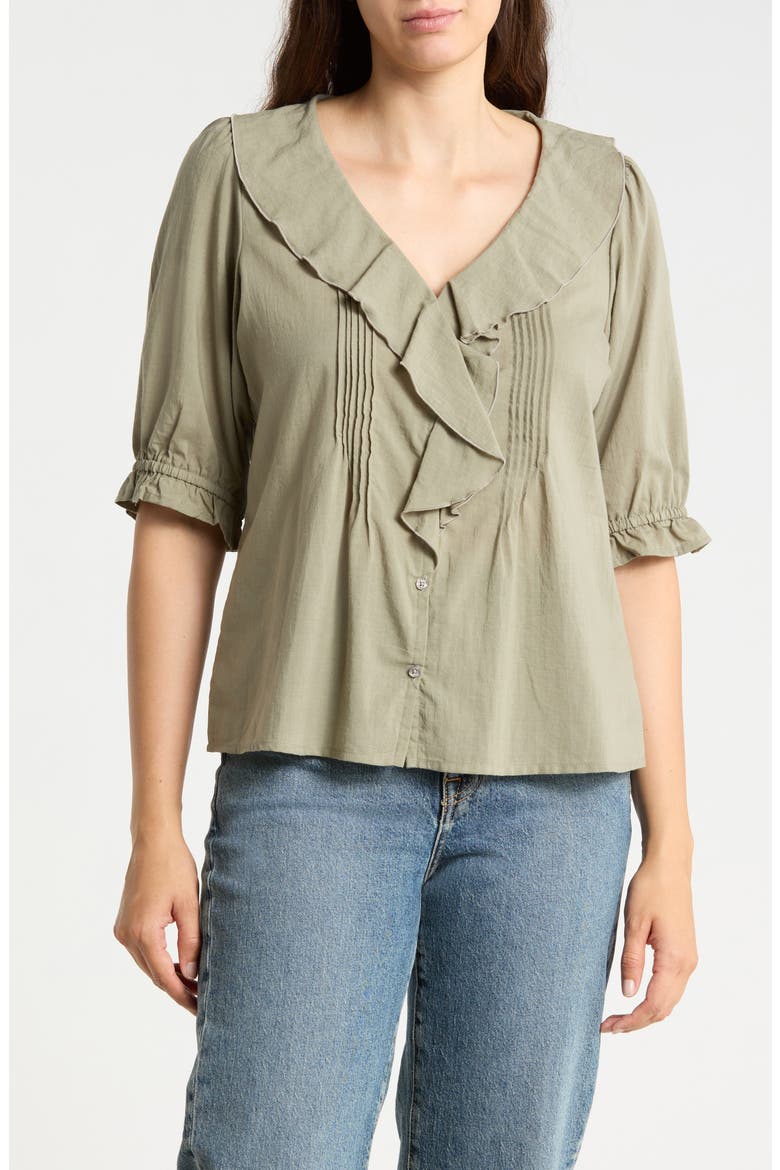 Romantic Ruffle Button-Up Shirt, Main, color, OLIVE GARNISH