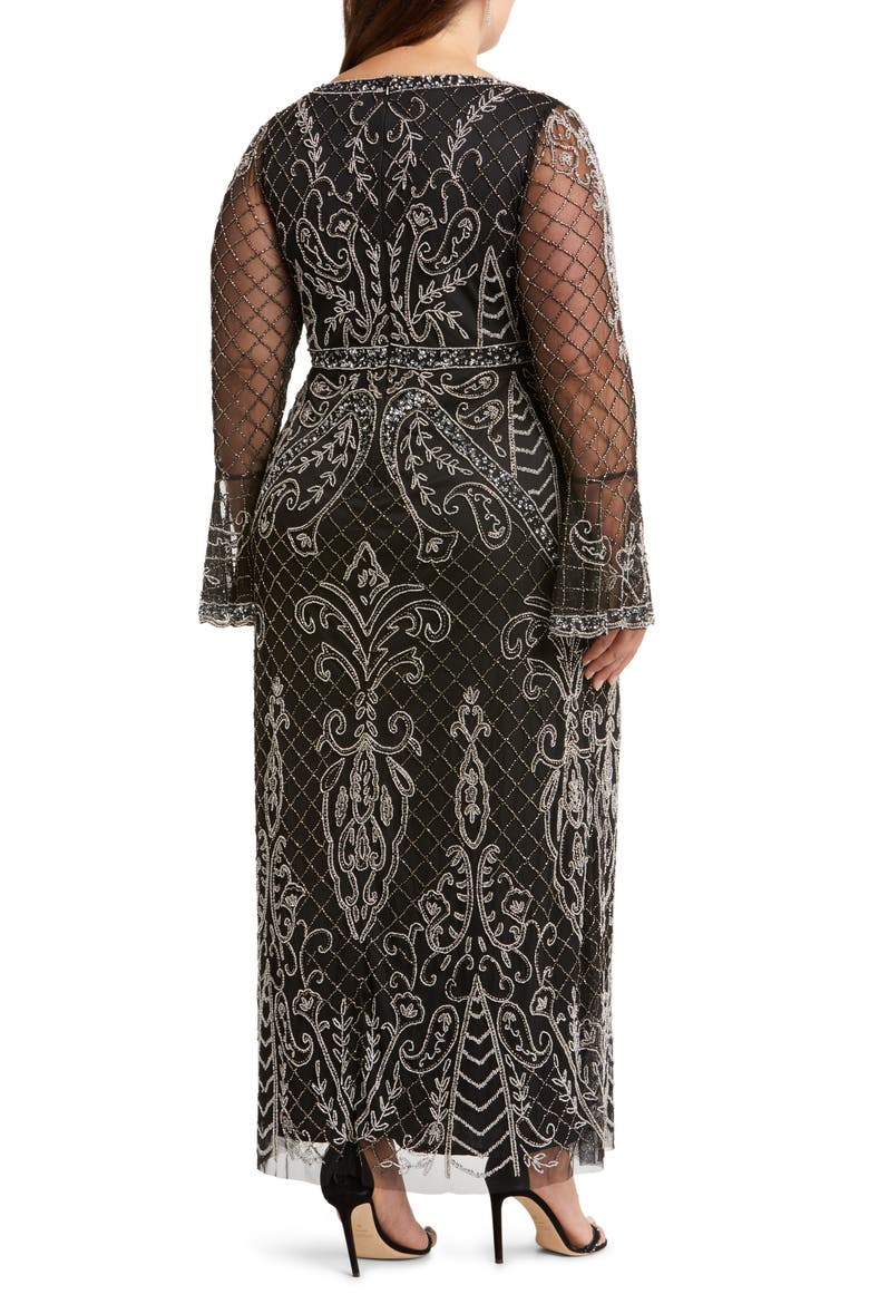 Embellished Sheer Long Sleeve Gown, Alternate, color, BLACK/ SILVER
