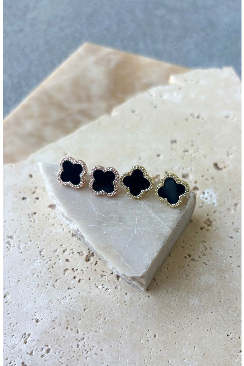 Enamel & Crystal Clover Stud Earrings, Alternate, color, BLACK