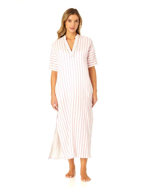 Anne Cole Maxi Dress With Side Slits And Shell Details Cover Up In Pink Cosmos Stripe