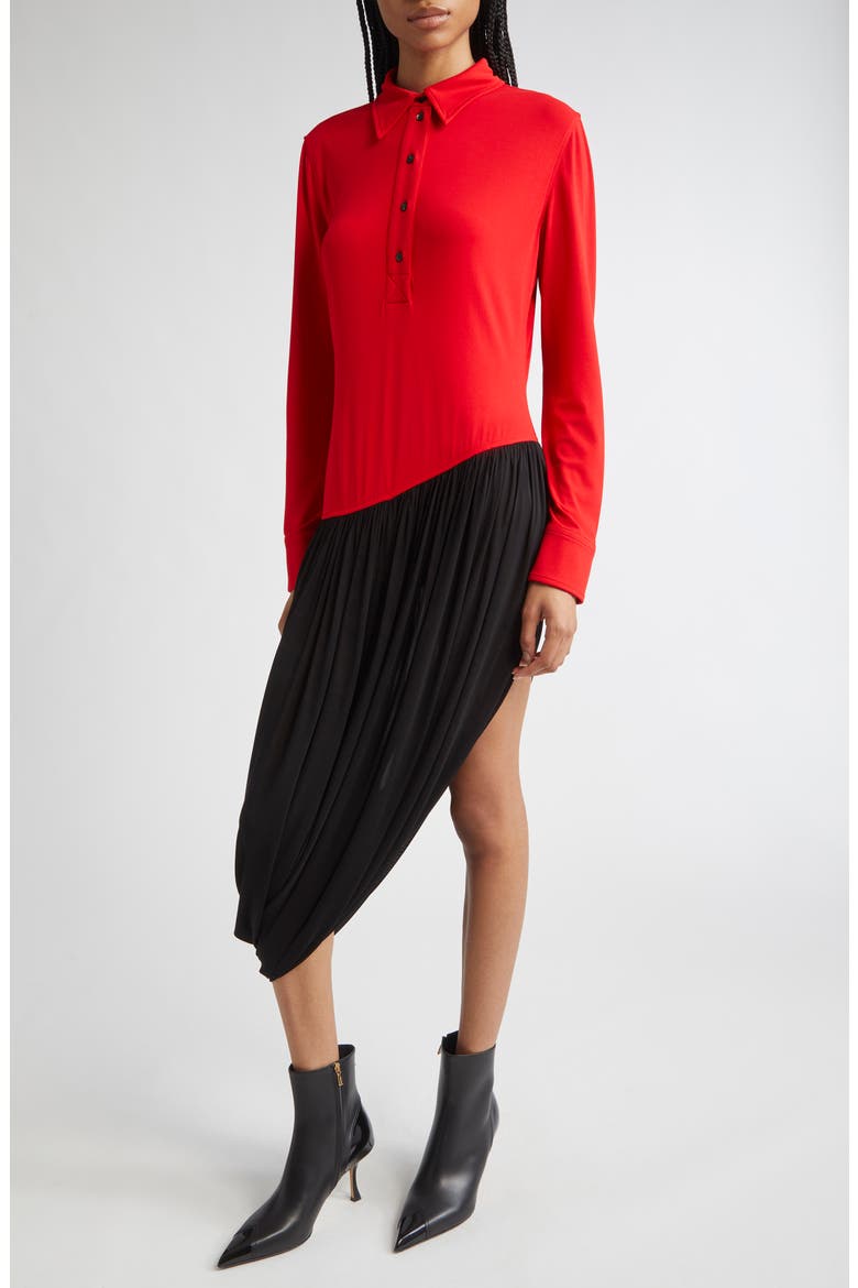Asymmetric Colorblock Long Sleeve Shirtdress, Alternate, color, NEW RED