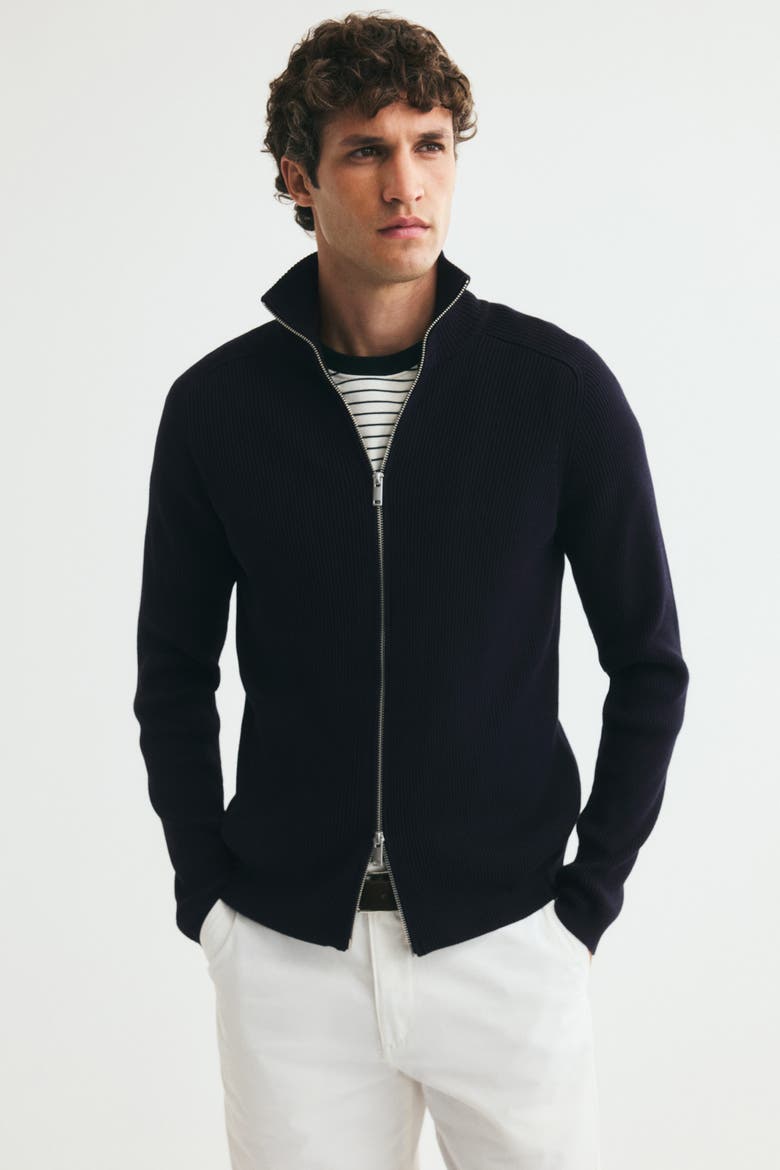 Slim-Fit Rib-Knit Cardigan, Main, color, Navy blue