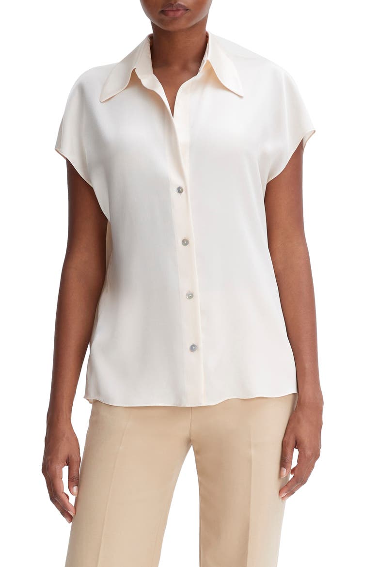 Cap Sleeve Gathered Back Short Sleeve Silk Button-Up Shirt, Main, color, CHIFFON