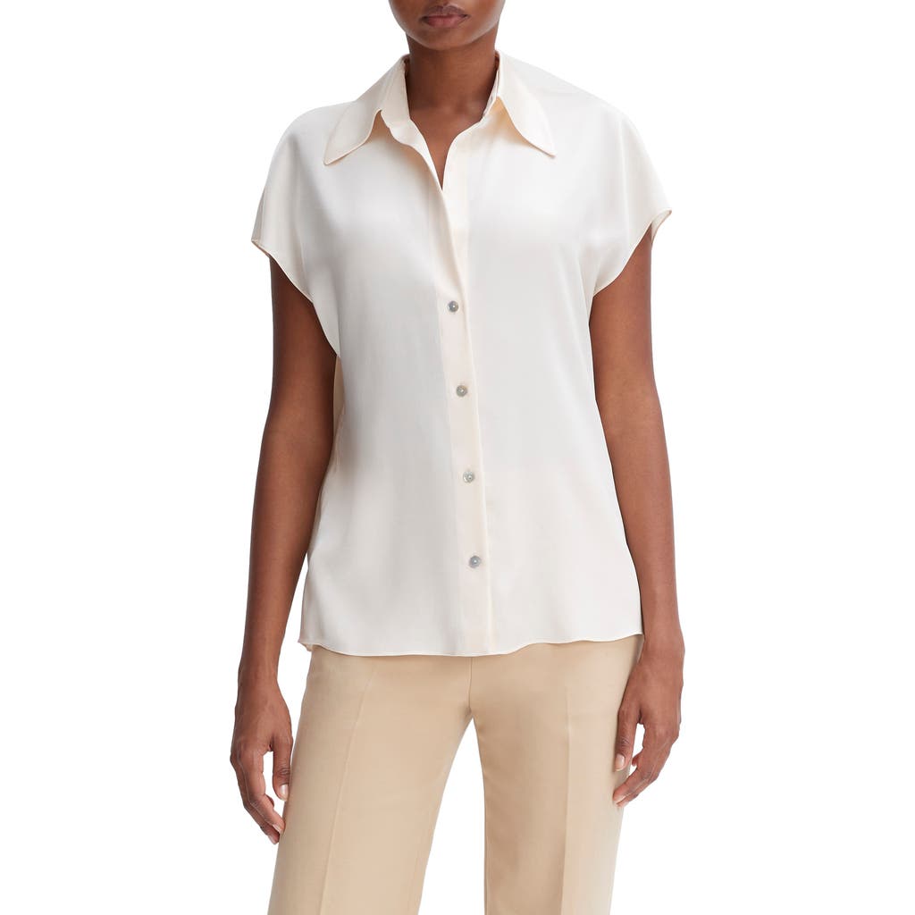 Vince Cap Sleeve Gathered Back Short Sleeve Silk Button-up Shirt In White