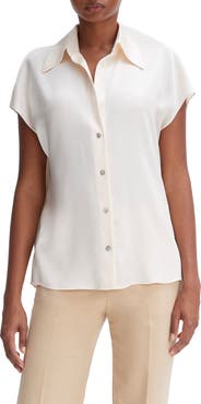 Vince Cap Sleeve Gathered Back Short Sleeve Silk Button-Up Shirt