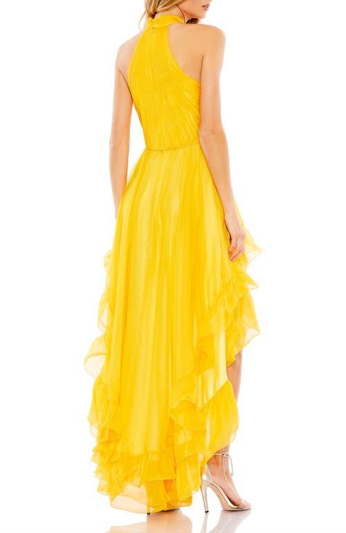 Mac Duggal Halter Neck Tiered Ruffle High Low Dress In Gold