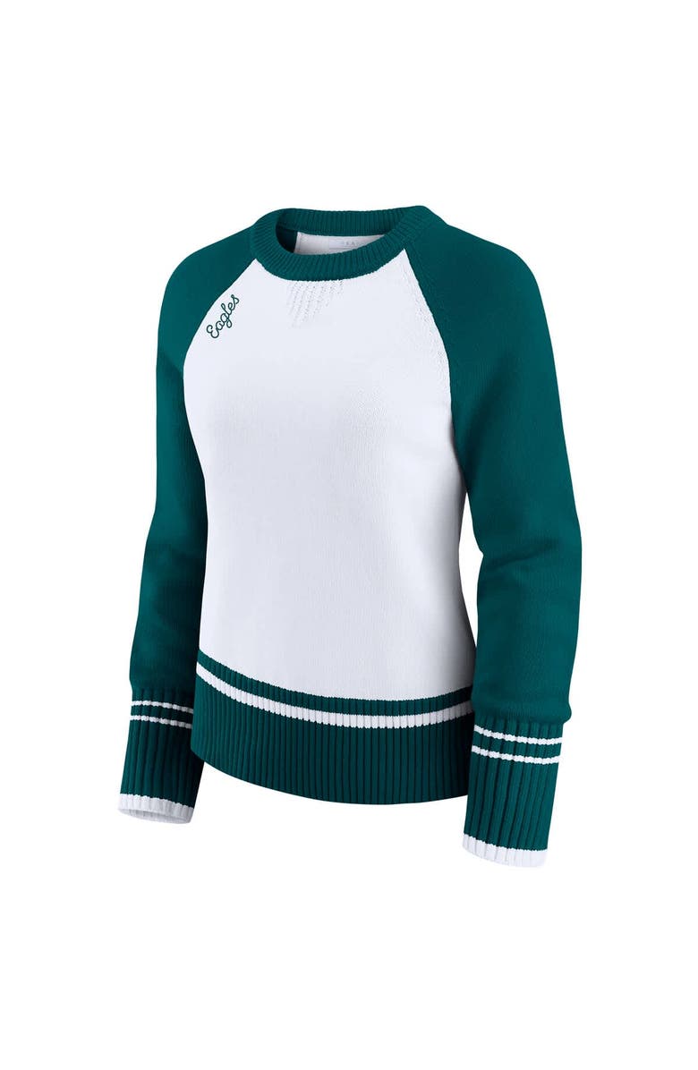 WEAR by Erin Andrews Women
s WEAR by Erin Andrews White/Midnight Green Philadelphia Eagles Colorblock Raglan Sweater, Alternate, color, White