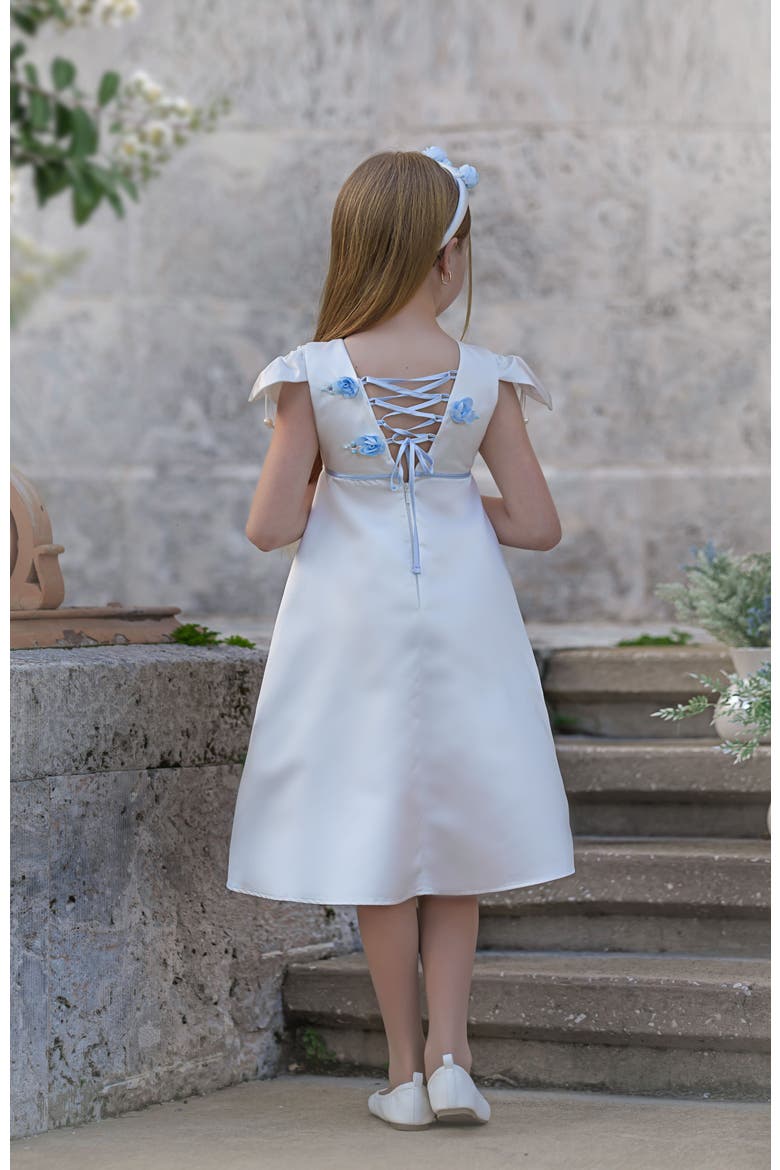 Daphne Satin Dress with Blue Embroidery, Alternate, color, White and Baby Blue