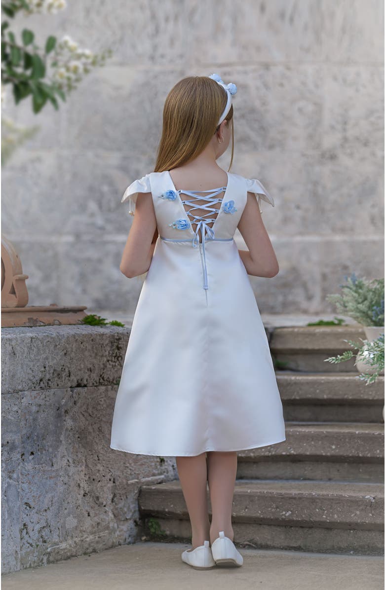 Petite Maison Kids Daphne Satin Dress with Blue Embroidery, Alternate, color, White And Baby Blue